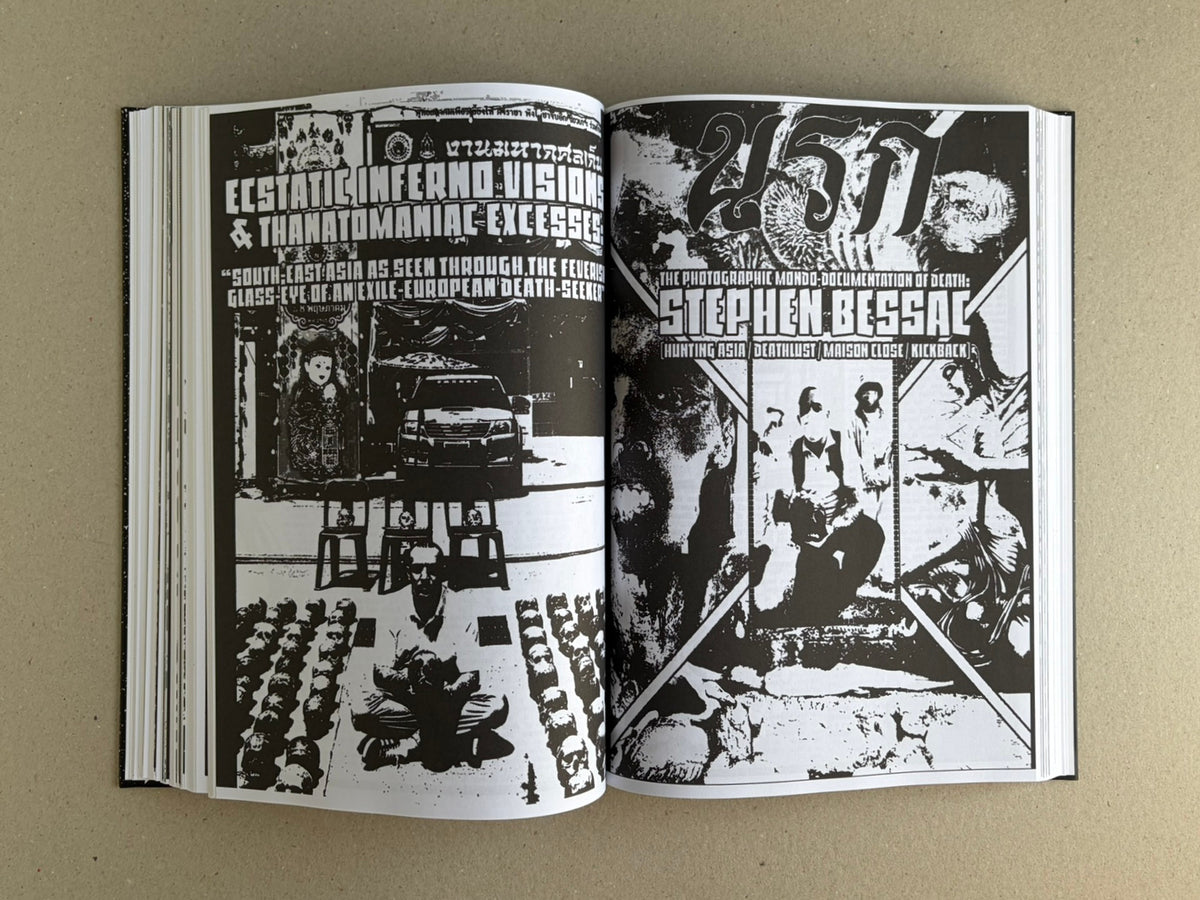 Open spread from GIFTNÅLEN no 1 by Kristian Olsson, showing black-and-white collage pages with large typographic headings and dense imagery.