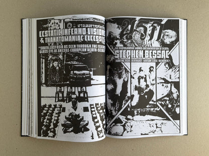 Open spread from GIFTNÅLEN no 1 by Kristian Olsson, showing black-and-white collage pages with large typographic headings and dense imagery.