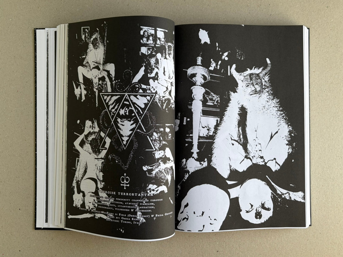 Open spread from GIFTNÅLEN no 1 by Kristian Olsson, showing high-contrast black-and-white collage imagery across two pages.