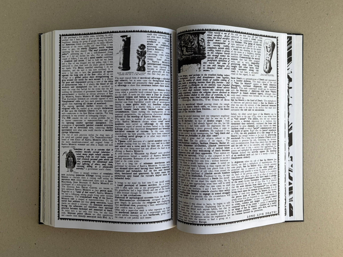 Open spread from GIFTNÅLEN no 1 – Kristian Olsson, showing dense black-and-white text pages with small illustrations and collage-style layout.