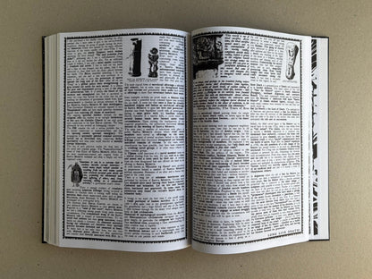 Open spread from GIFTNÅLEN no 1 – Kristian Olsson, showing dense black-and-white text pages with small illustrations and collage-style layout.