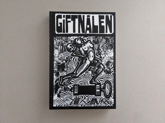 GIFTNÅLEN” edited by Kristian Olsson, black-and-white illustration on a black cover.