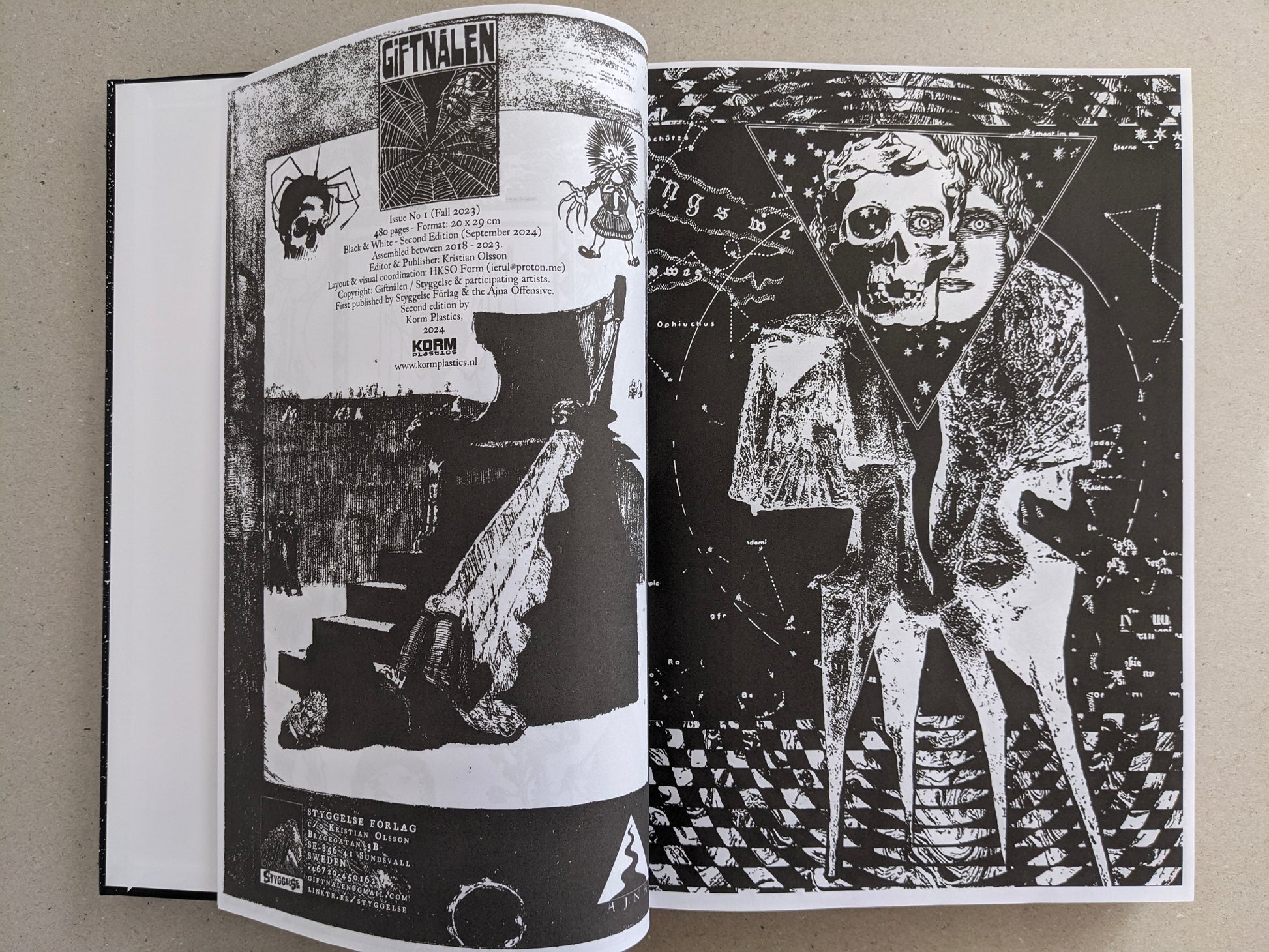 Inside spread with the GIFTNÅLEN colophon and a black-and-white illustration over a star-chart-like background.