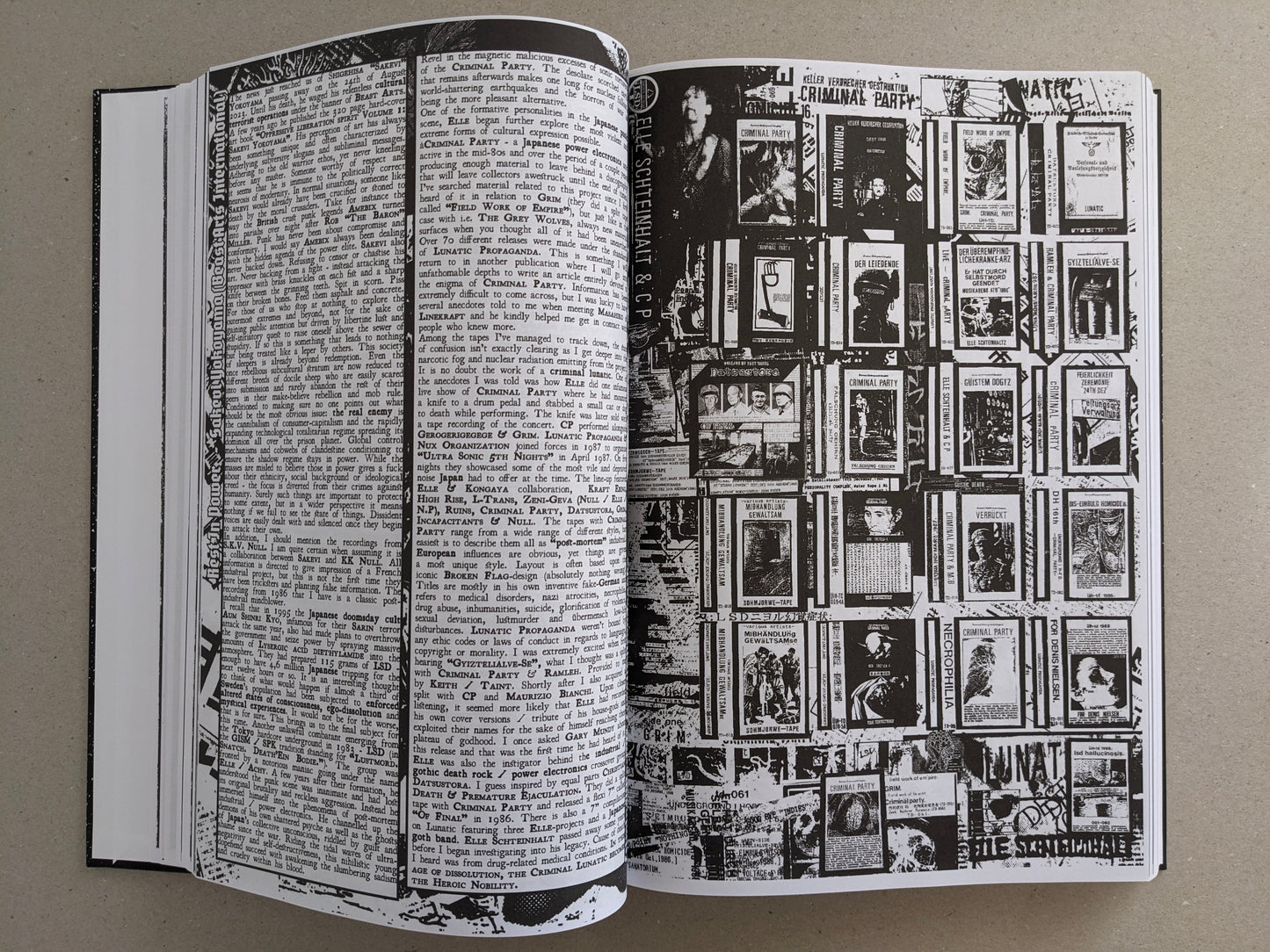 Inside spread combining a long text layout with a grid-like collage of small cover images and labels.