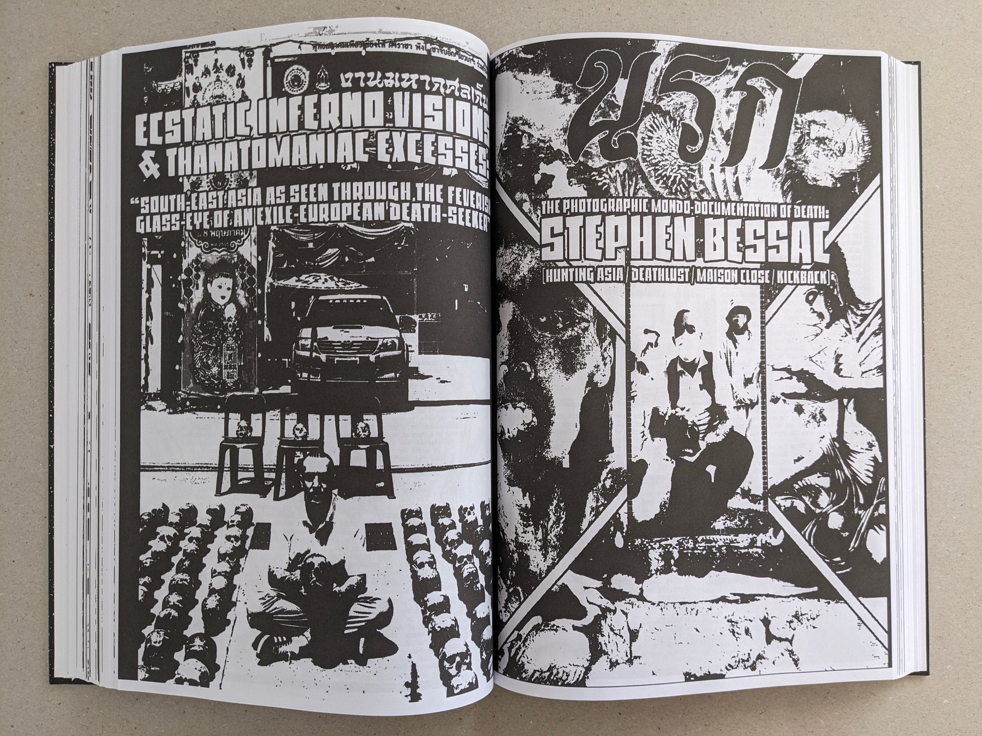 Inside spread with large headline typography and heavy black-and-white collage graphics.