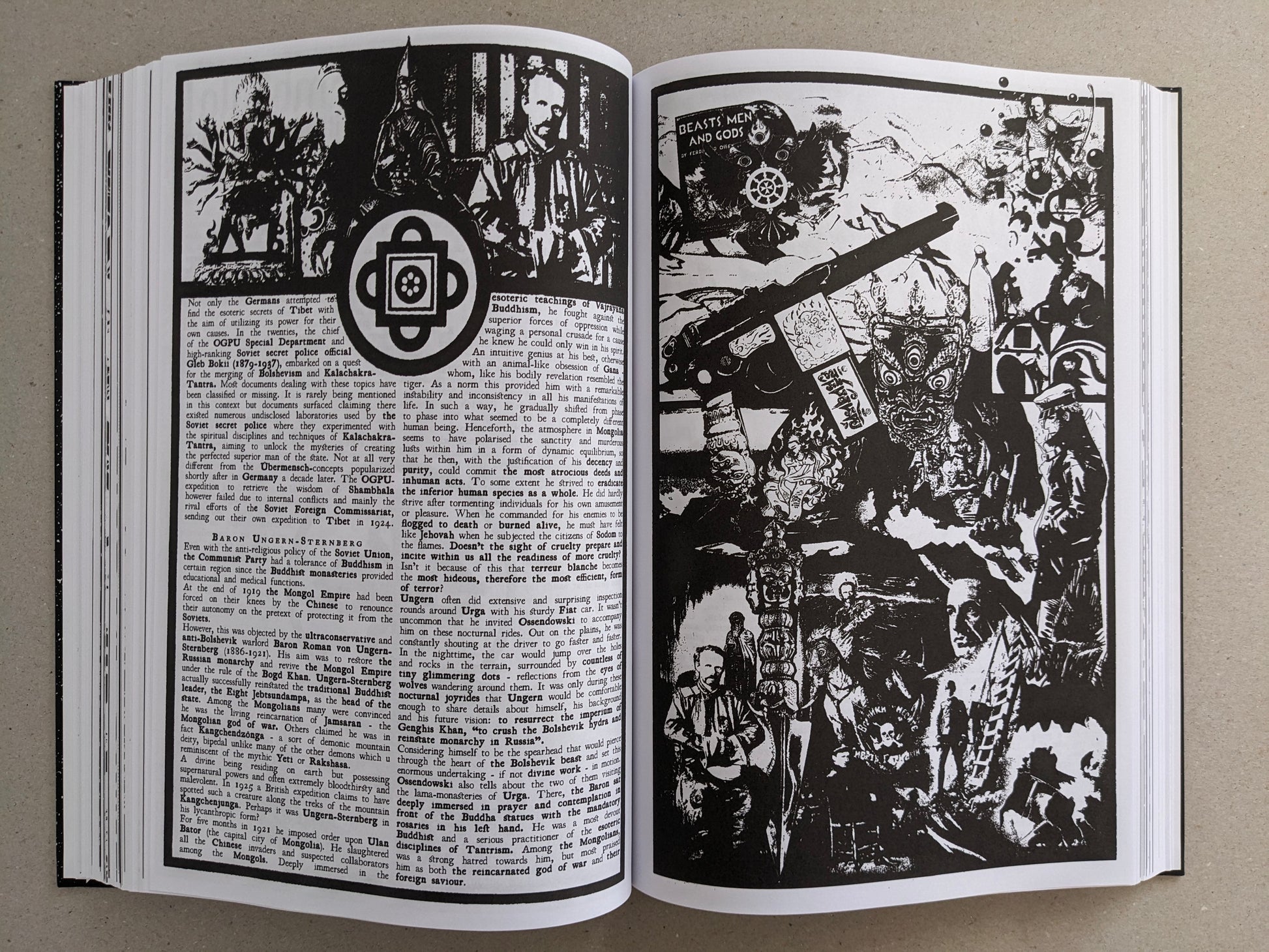 Inside spread with essay text in columns and embedded black-and-white collage elements.