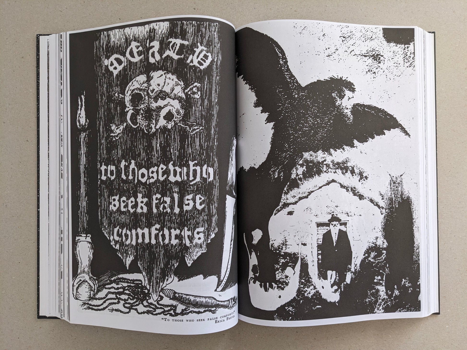 Inside spread featuring bold black-and-white typography and a large collage illustration with a bird silhouette.