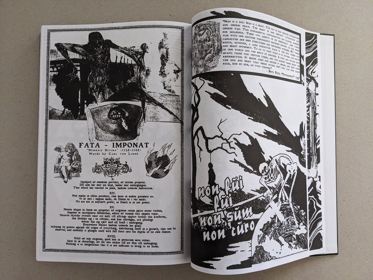 Inside spread with a poster-like layout on the left and a large black-and-white graphic composition on the right.