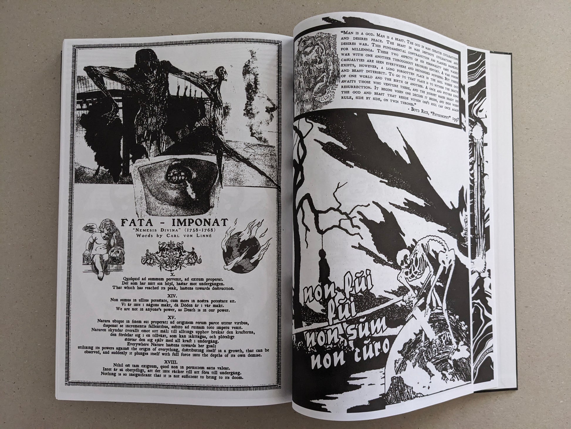 Inside spread with a poster-like layout on the left and a large black-and-white graphic composition on the right.