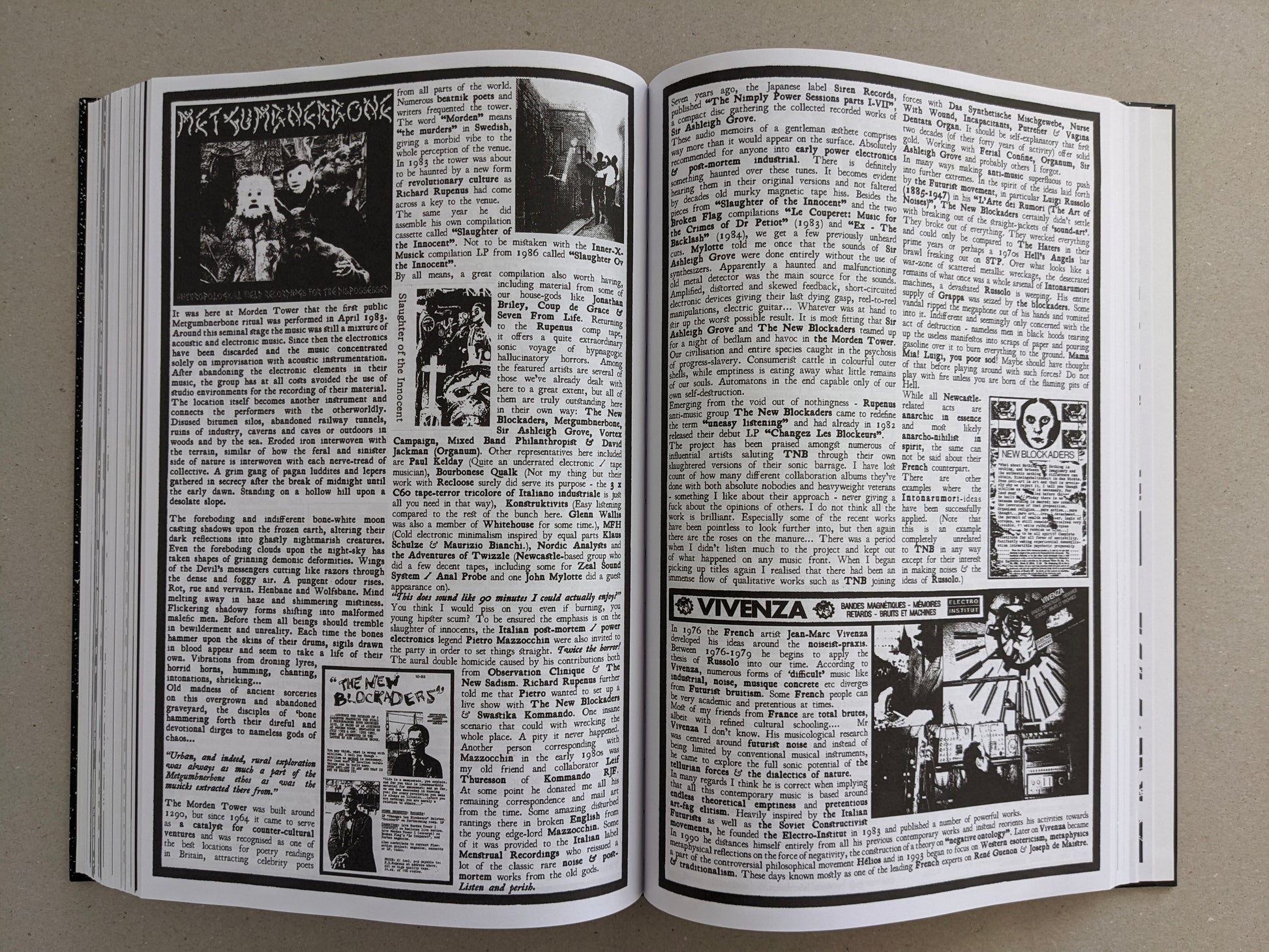 Inside spread with two magazine-style pages featuring long articles, captions, and small inset images.