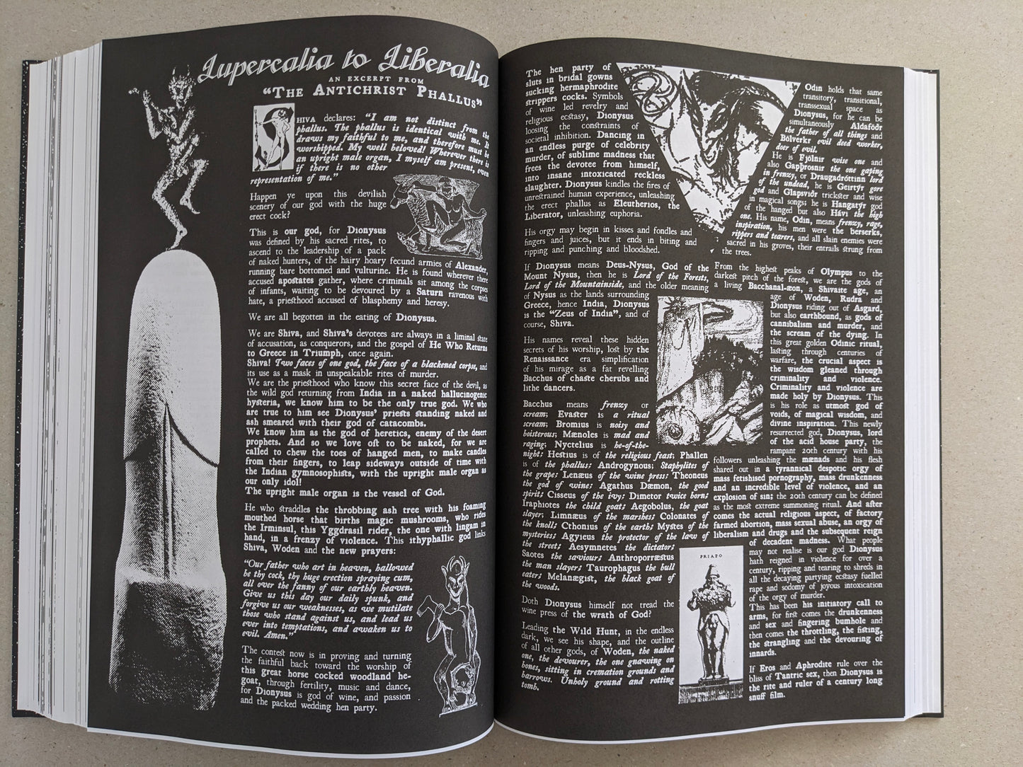 Inside spread with dense white text on a black background and small illustrative figures.