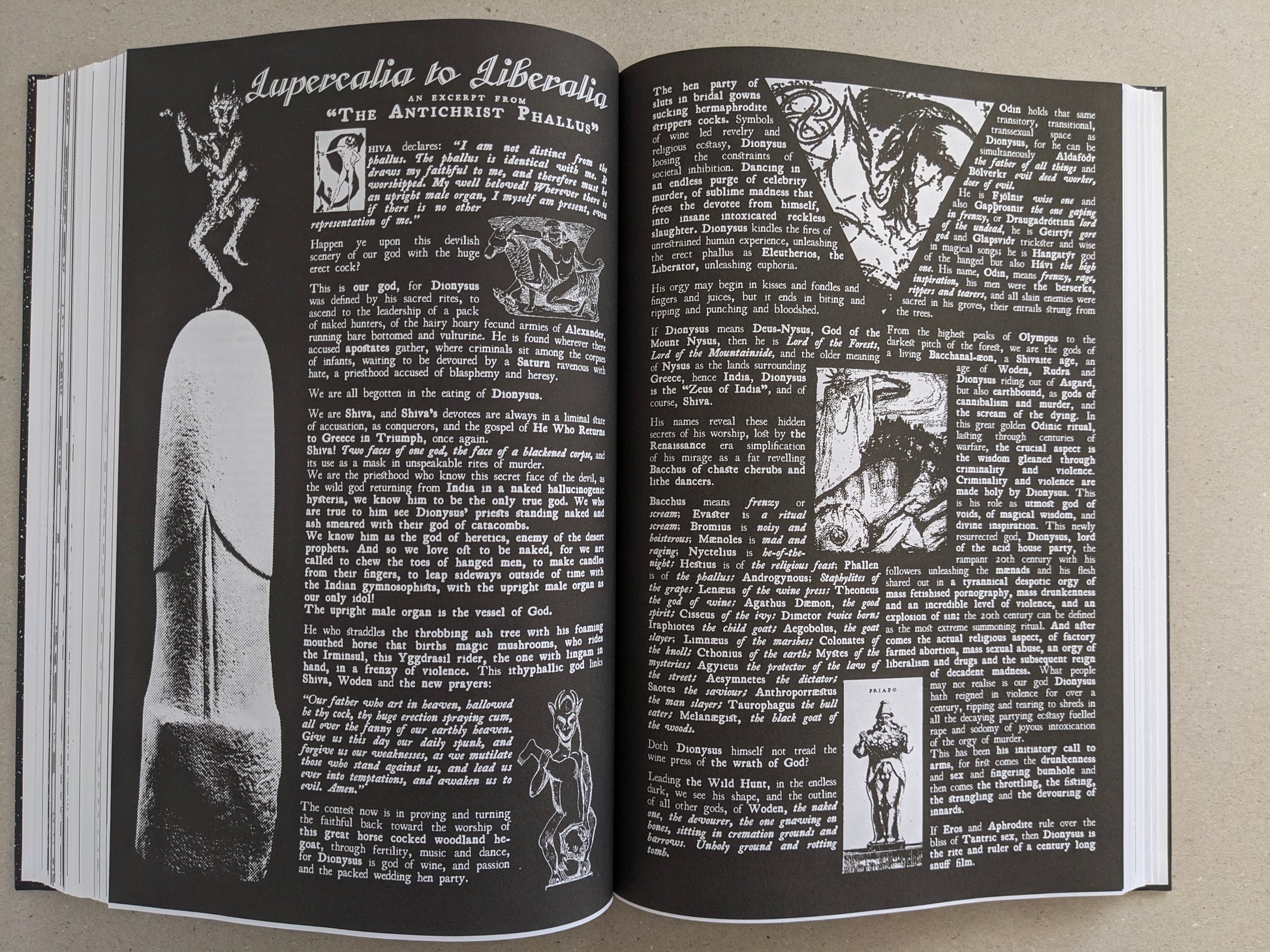 Inside spread with dense white text on a black background and small illustrative figures.