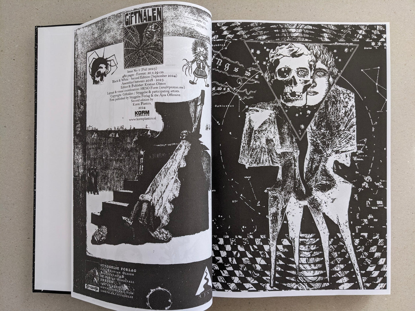 Open spread showing the colophon page and a black-and-white illustrated page in GIFTNÅLEN no 1.