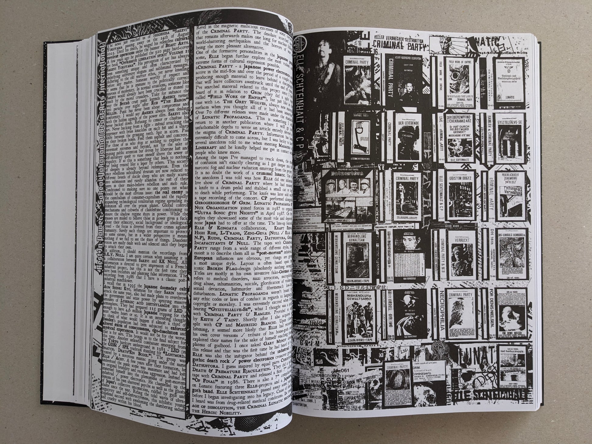 Inside spread combining a long text layout with a grid of small cover images and labels.