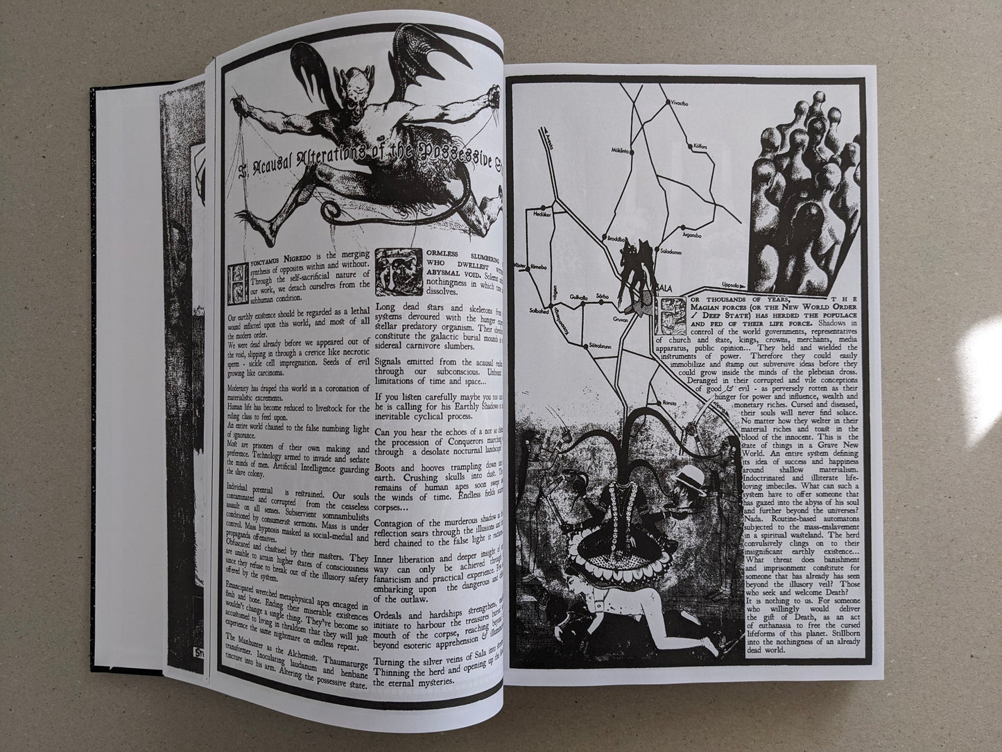 Open spread with dense text, a winged figure, and a diagram-style map in GIFTNÅLEN no 1.