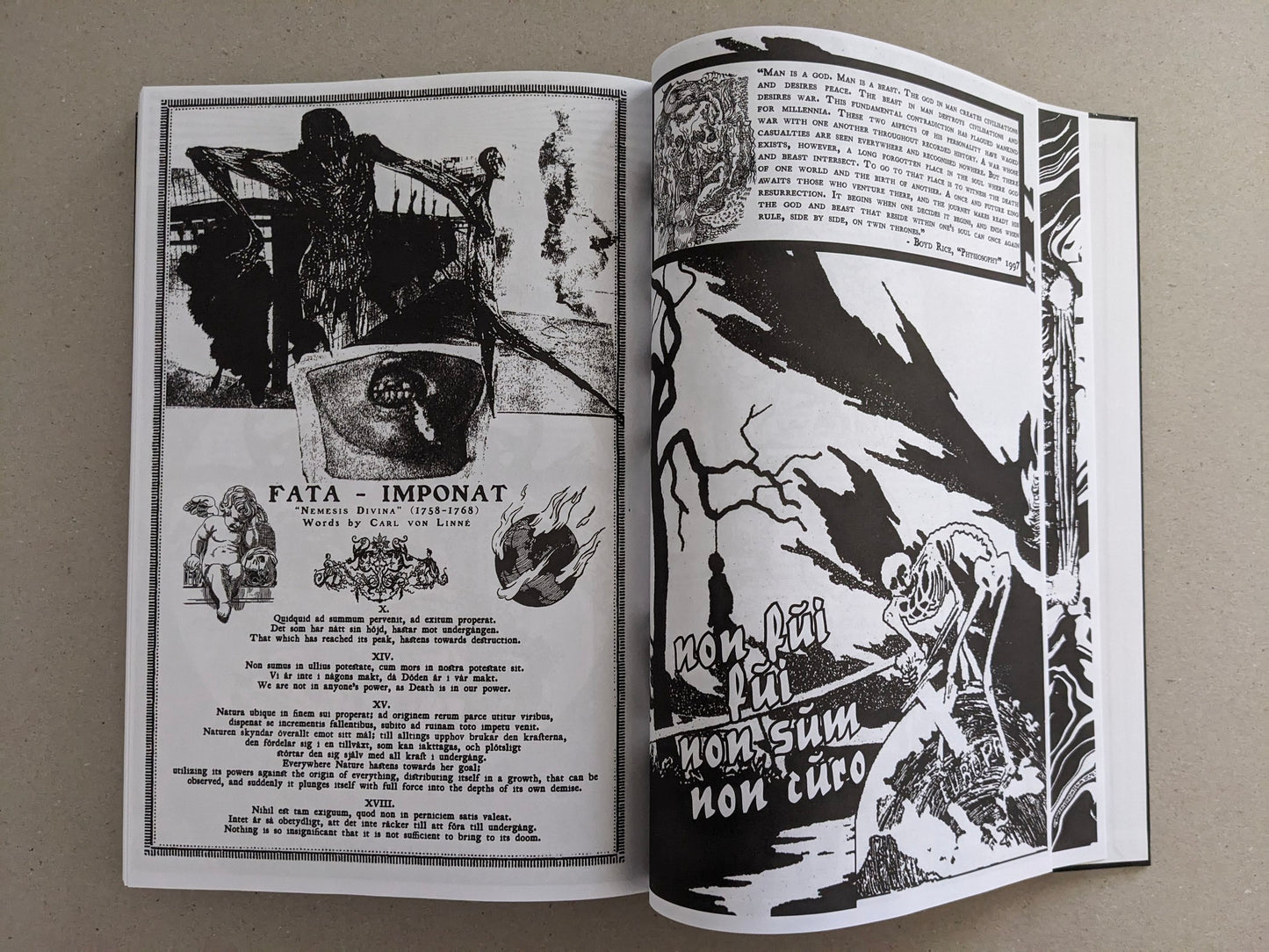 Open spread with a poster-like layout on the left and a large black-and-white graphic composition on the right in GIFTNÅLEN no 1.