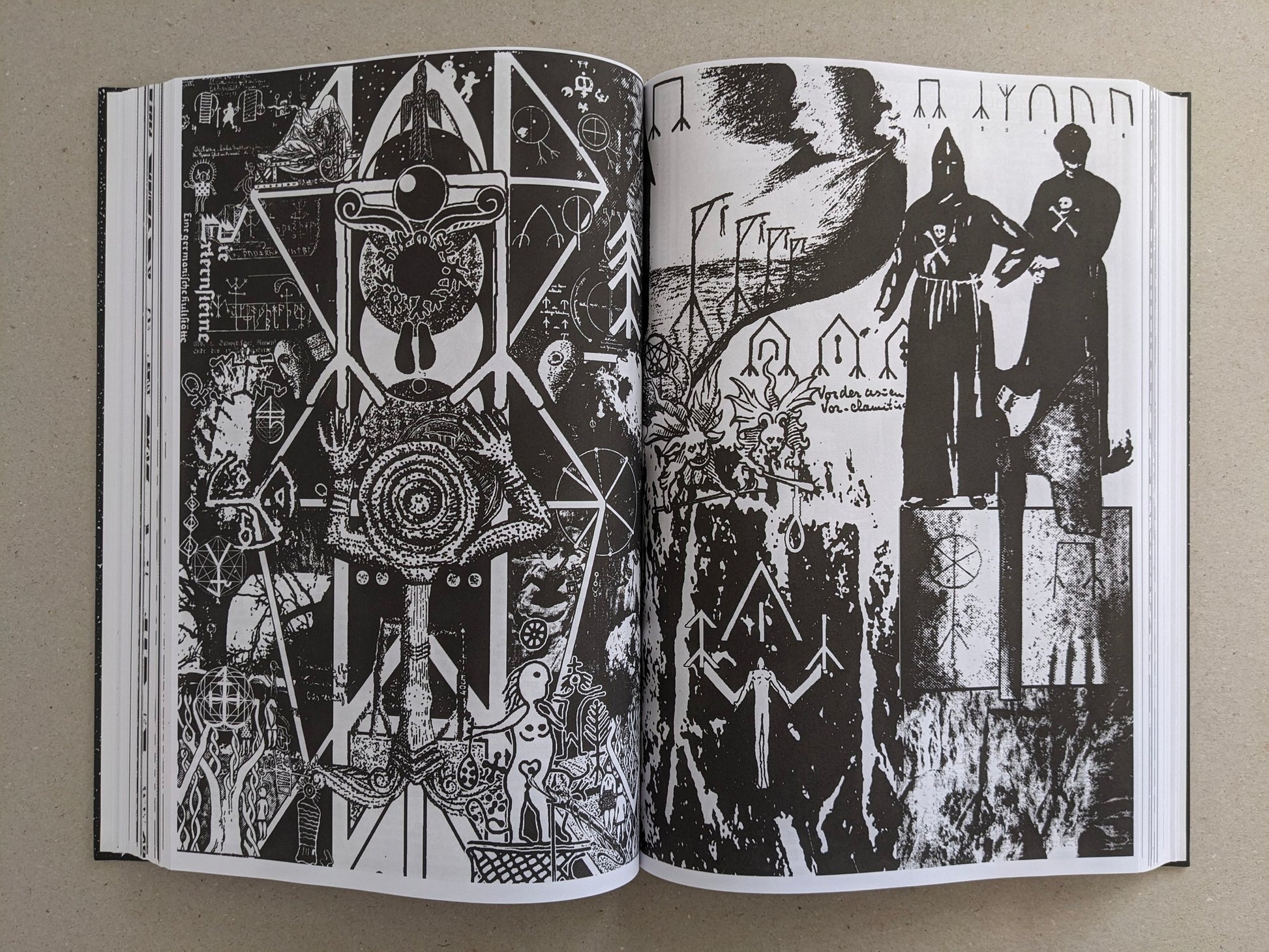 Open spread with high-contrast collage imagery and symbol-like graphics in GIFTNÅLEN no 1.