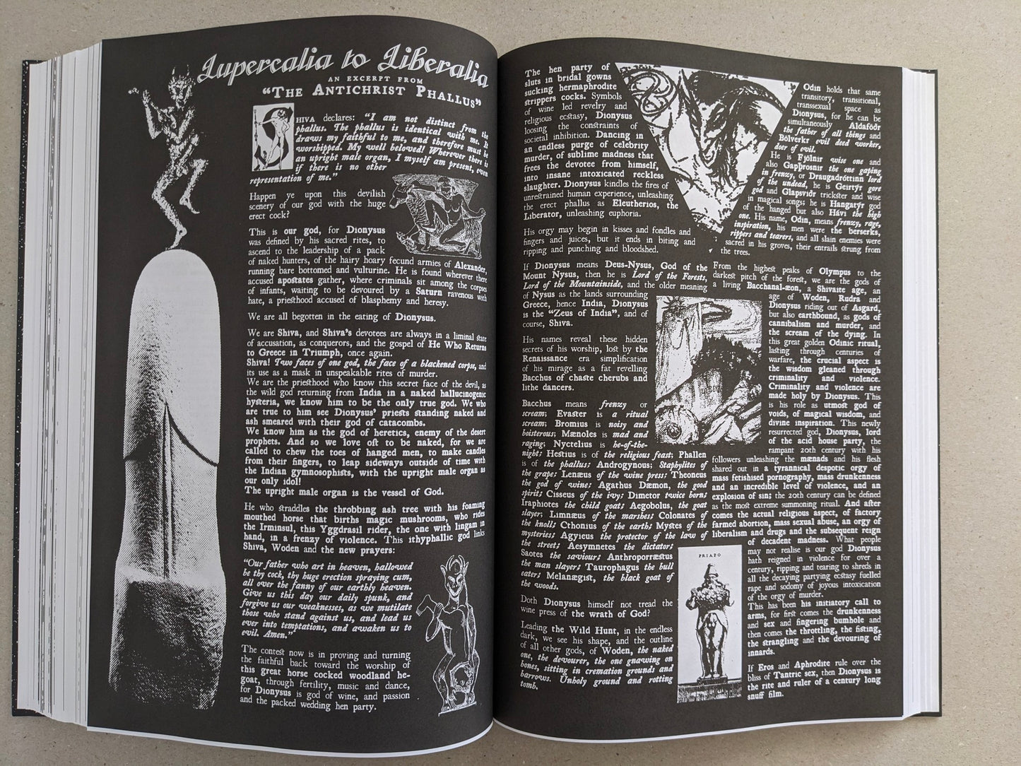 Open spread with dense white text on a black background and small illustrative figures in GIFTNÅLEN no 1.