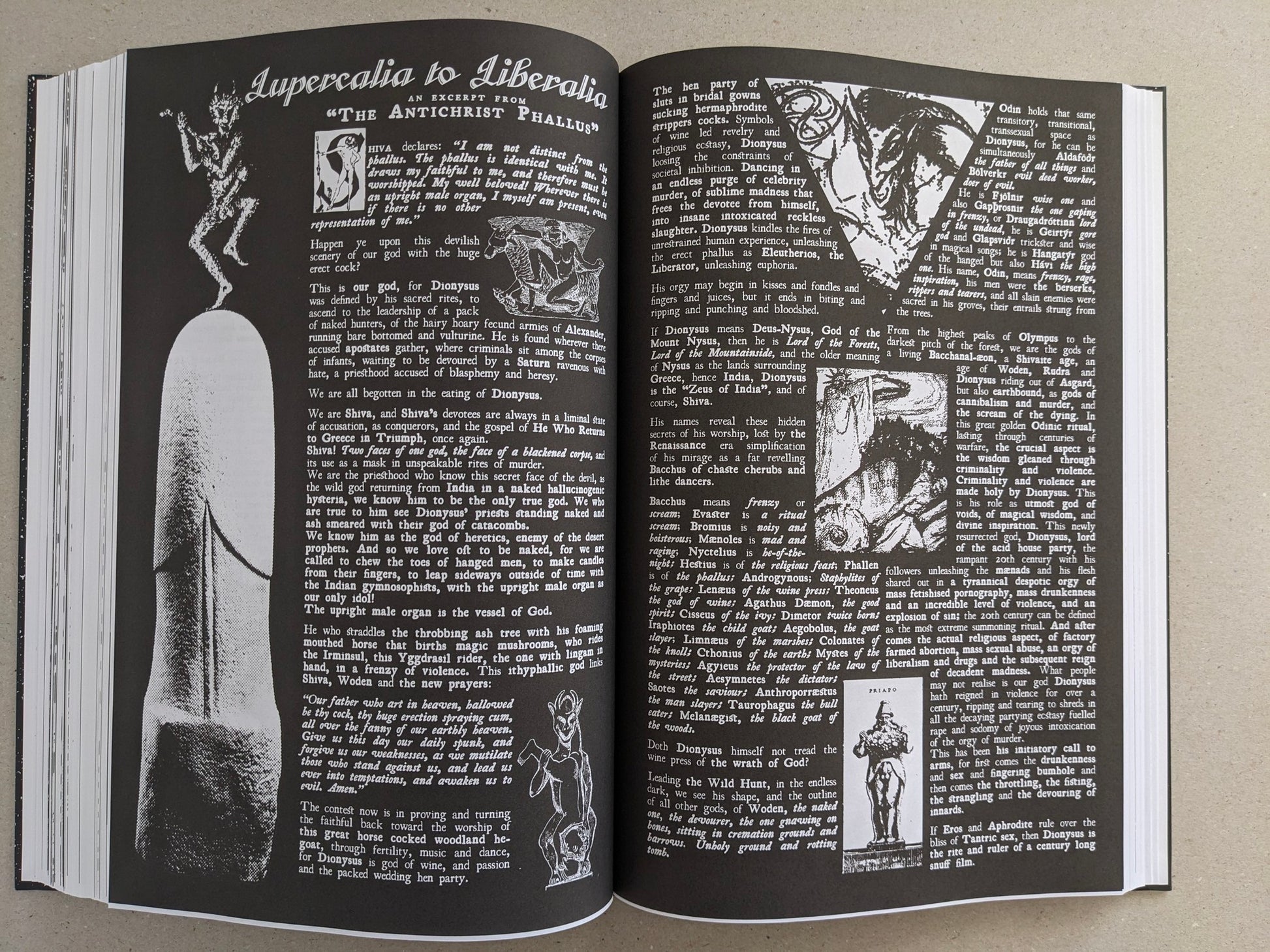 Open spread with dense white text on a black background and small illustrative figures in GIFTNÅLEN no 1.