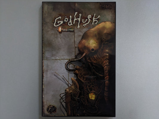 Front cover of Godhusk – rebirth by Plastiboo featuring grotesque biomechanical figure