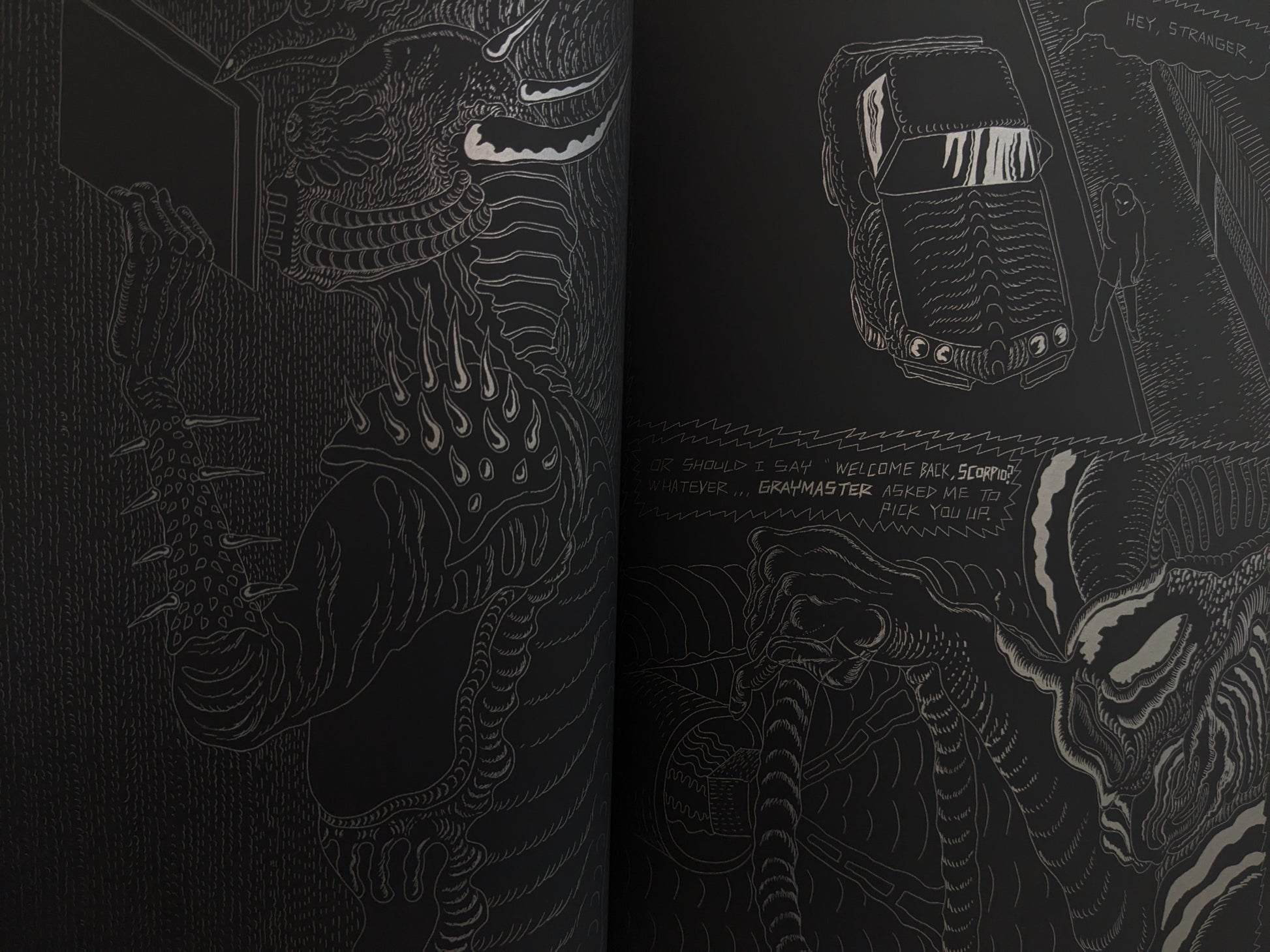 Comic-style page from Grayworld with alien characters interacting in a sci-fi narrative scene.