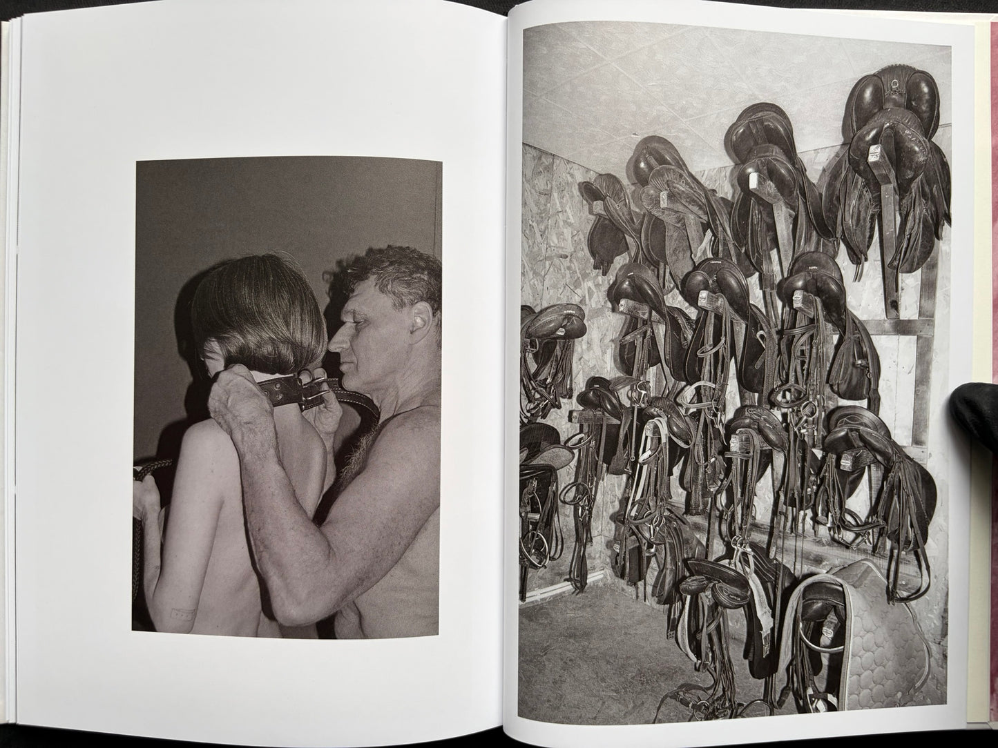Gut Feeling by Kristina Rozhkova, open spread with a person in bondage and a wall of saddles