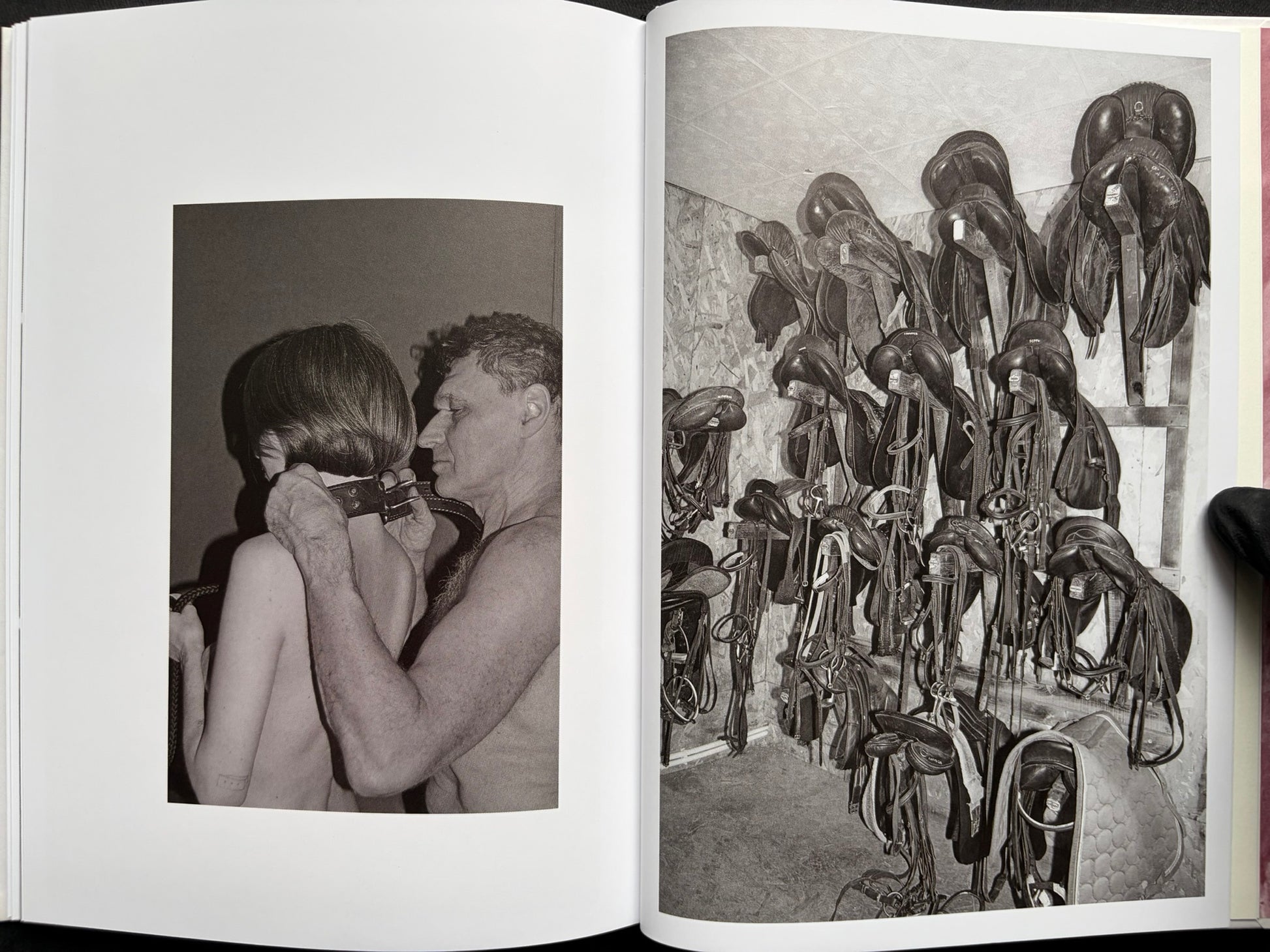 Gut Feeling by Kristina Rozhkova, open spread with a person in bondage and a wall of saddles