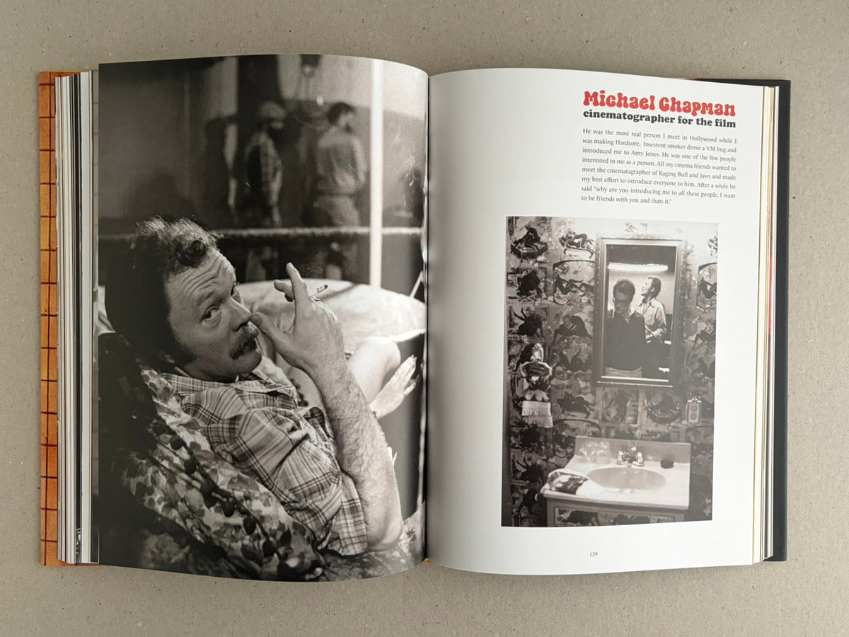 Open spread from HARDCORE (Dust Jacket) – Eric Kroll, showing a black-and-white portrait on the left page and a text page titled “Michael Chapman cinematographer for the film” on the right.