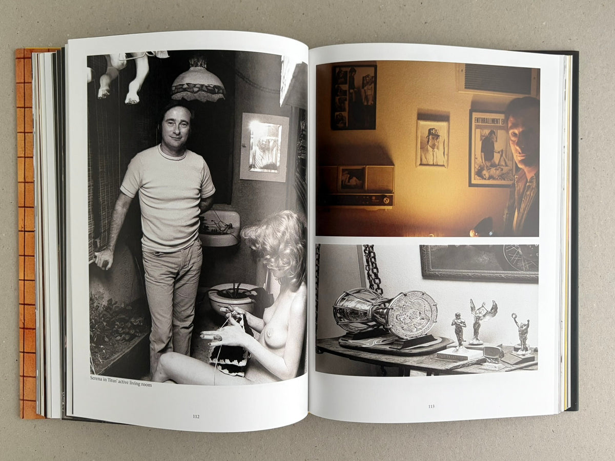 Open spread from HARDCORE (Dust Jacket) – Eric Kroll, showing pages 112–113 with interior photographs in black and white and colour.