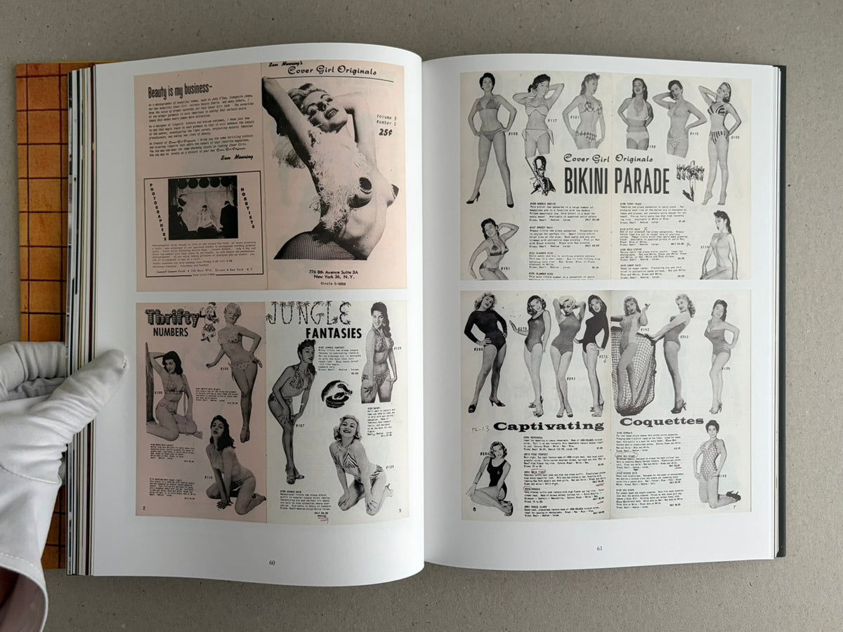 Open spread from HARDCORE by Eric Kroll, showing two pages of vintage swimsuit and pin-up advertisements laid out in a grid.