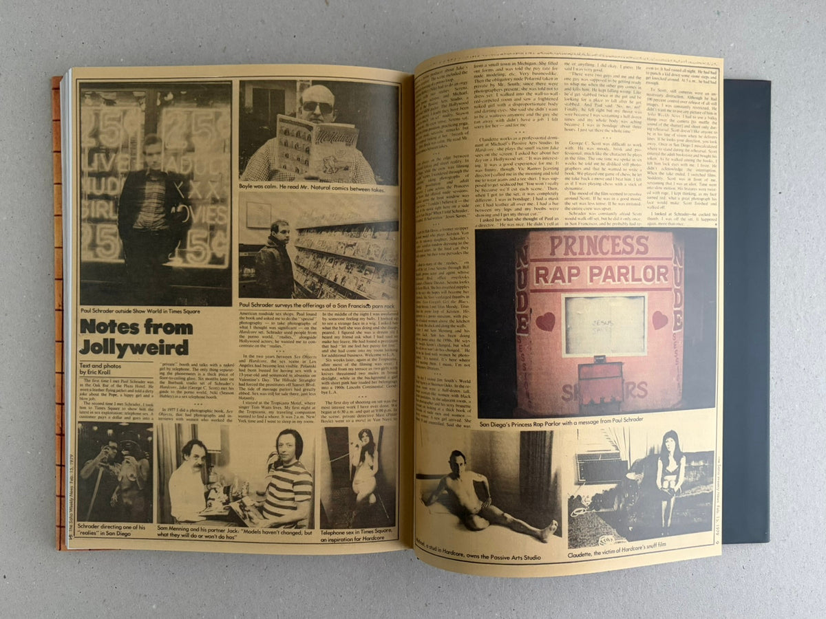 Open book spread from HARDCORE by Eric Kroll, showing sepia-toned pages with text and multiple black-and-white photographs.