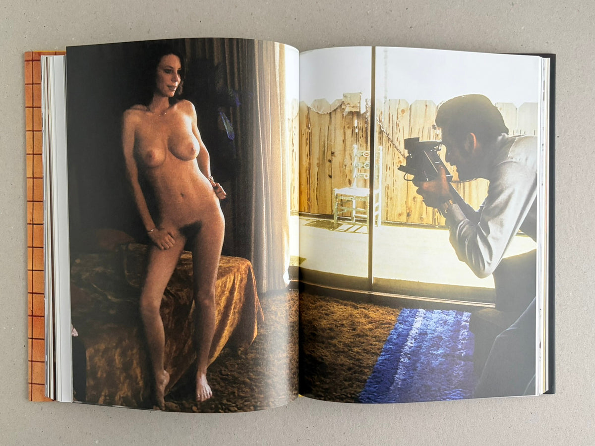 Open spread from HARDCORE by Eric Kroll, showing a nude model on the left page and a photographer aiming a camera on the right page.
