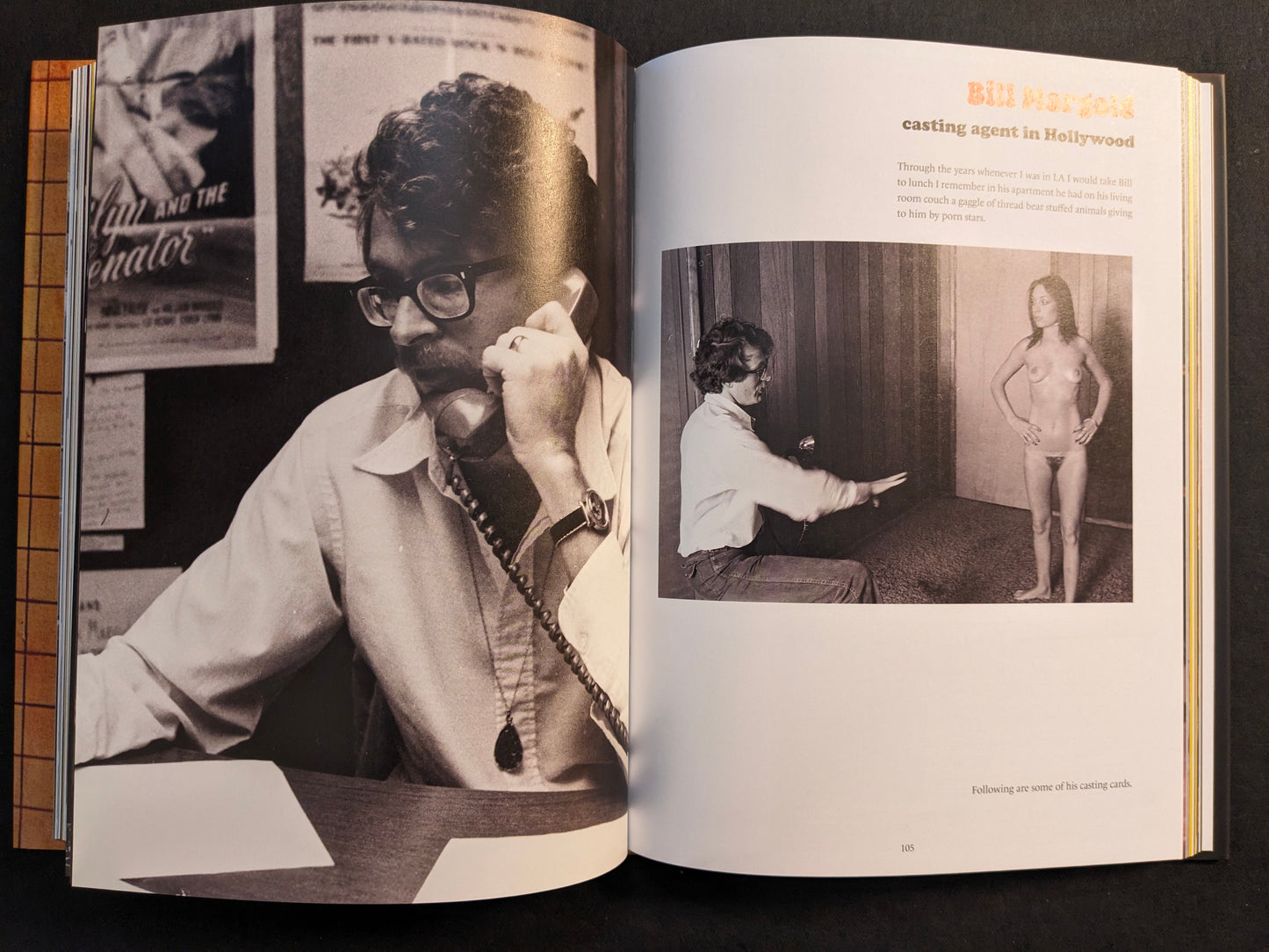 Interior spread about casting agent Bill Hargreaves, including a nude casting-card image, from “HARDCORE (dust jacket)”.