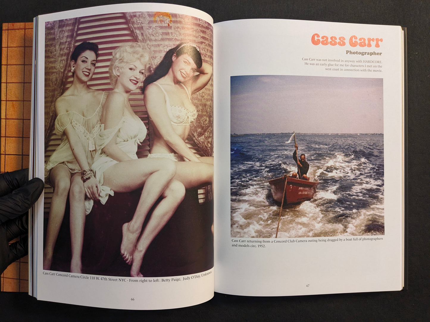 Interior spread featuring “Cass Carr” section with images (includes nudity) from “HARDCORE (dust jacket)” by Eric Kroll.