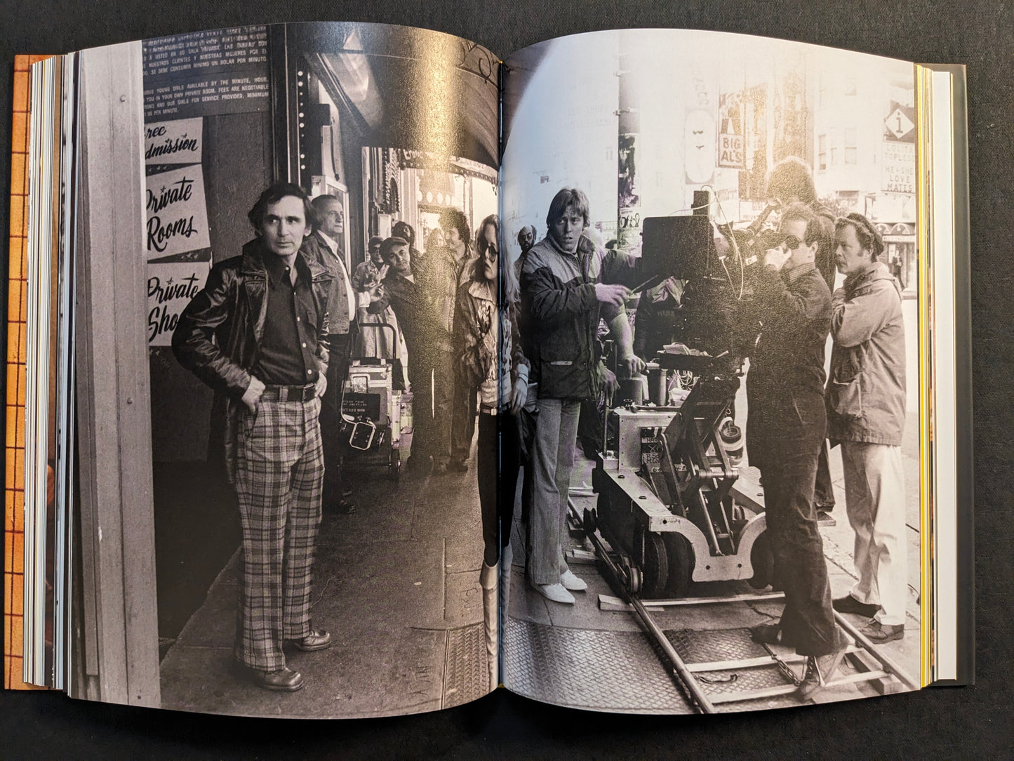 Black-and-white behind-the-scenes spread with a film crew and camera rig, from “HARDCORE” by Eric Kroll (Timeless Edition).