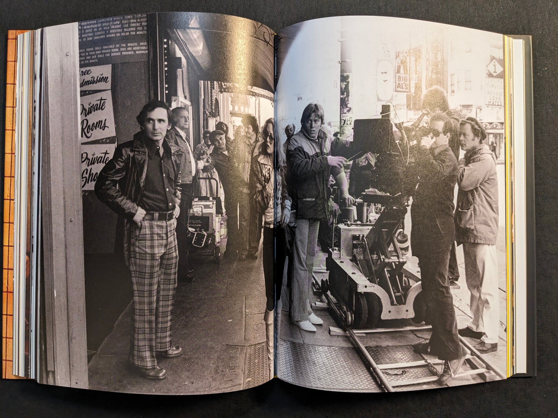 Black-and-white behind-the-scenes spread with a film crew and camera rig, from “HARDCORE” by Eric Kroll (Timeless Edition).