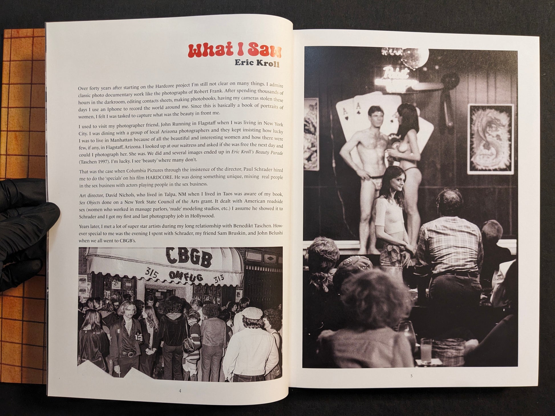 Interior spread with Eric Kroll’s text (“What I Saw”) and a film set photograph in “HARDCORE (dust jacket)”.
