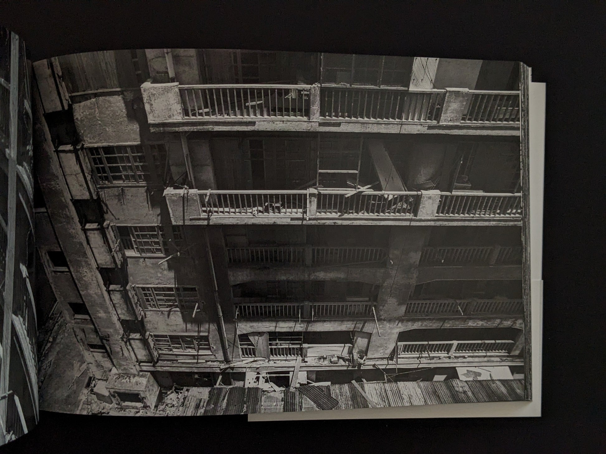 Close-up of destroyed building facade on Hashima Island