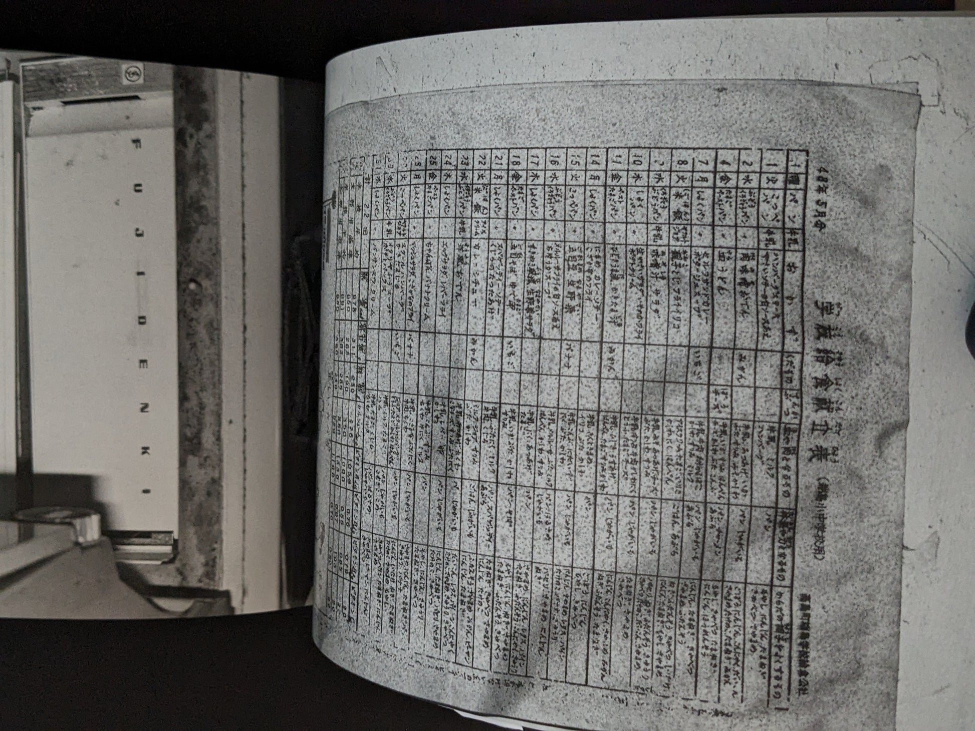 Page from Hashima by Taiji Matsue showing a printed list of factory data and a Fuji Denki machine in the ruins of Hashima Island