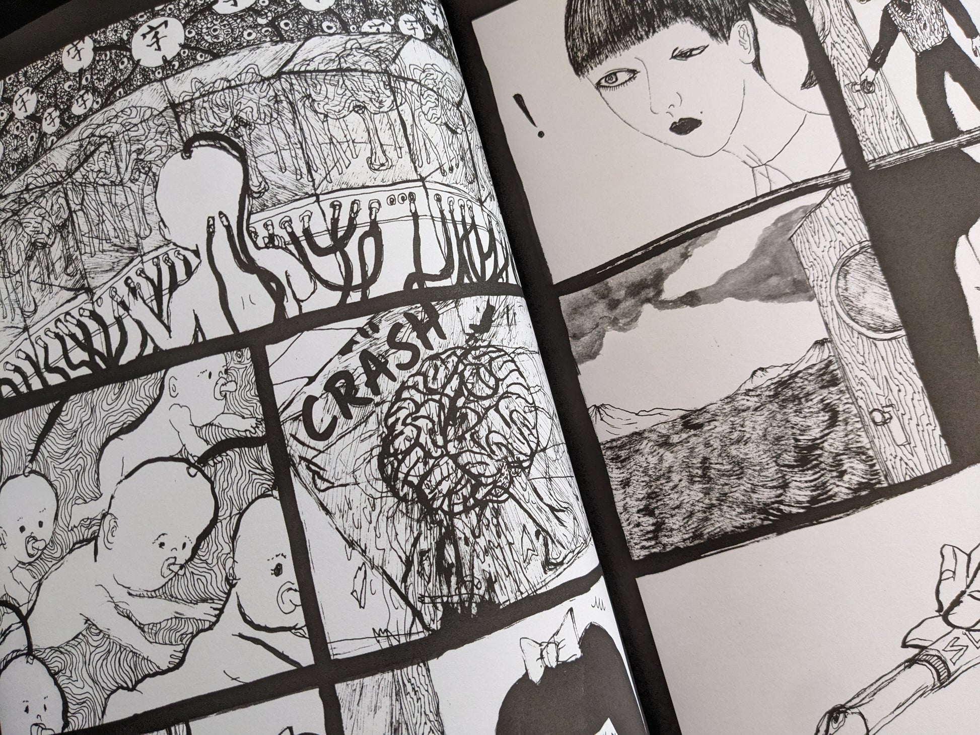 Chaotic and dreamlike panel from 'Heartbreak Reincarnation' depicting babies and landscapes