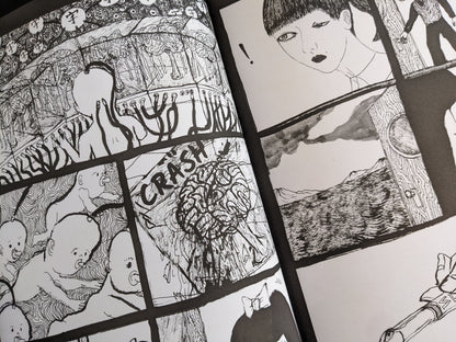 Chaotic and dreamlike panel from 'Heartbreak Reincarnation' depicting babies and landscapes