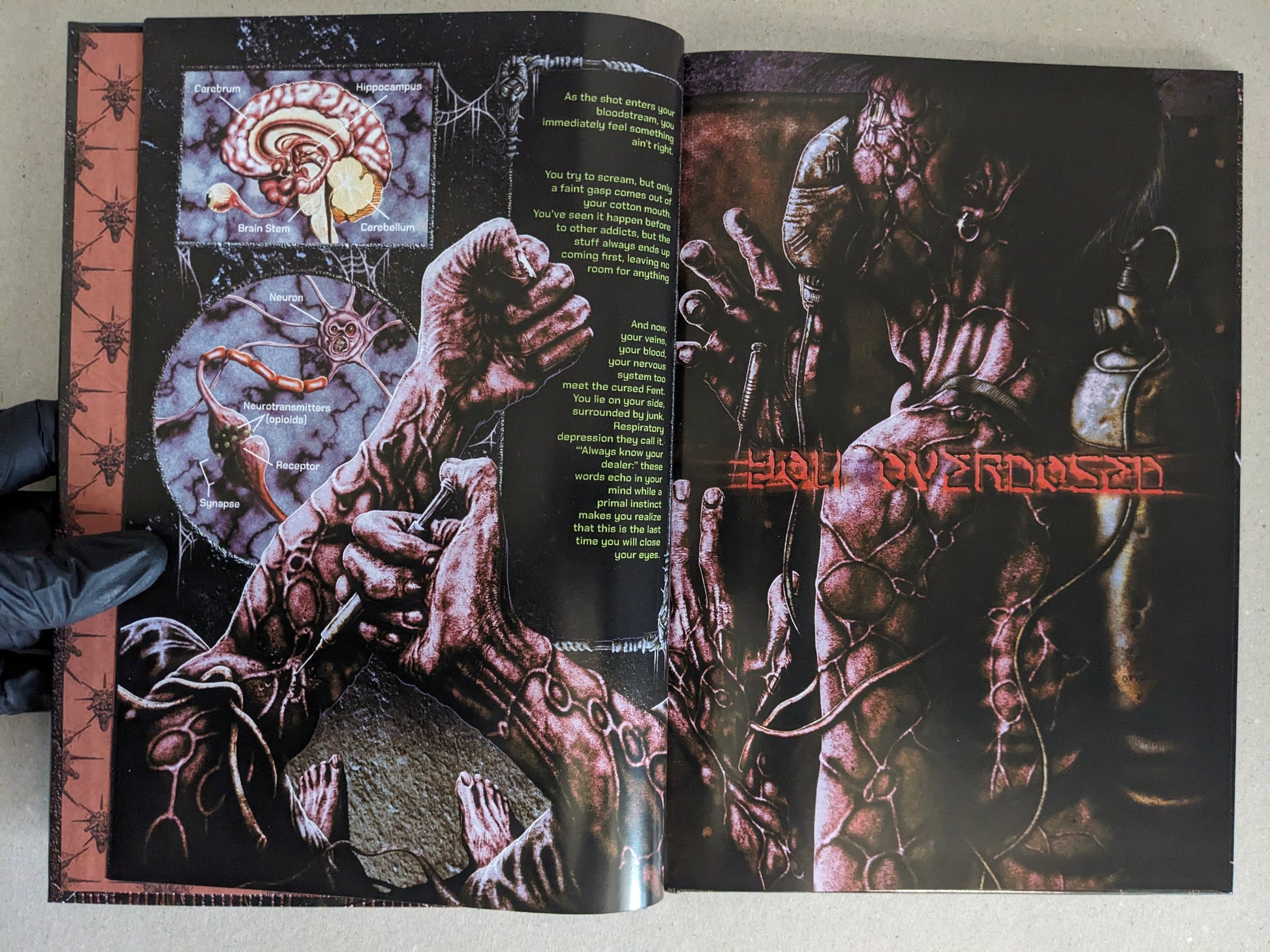 Final Fentanyl by Fatgomez, interior spread with overdose scene, syringe and anatomical diagram