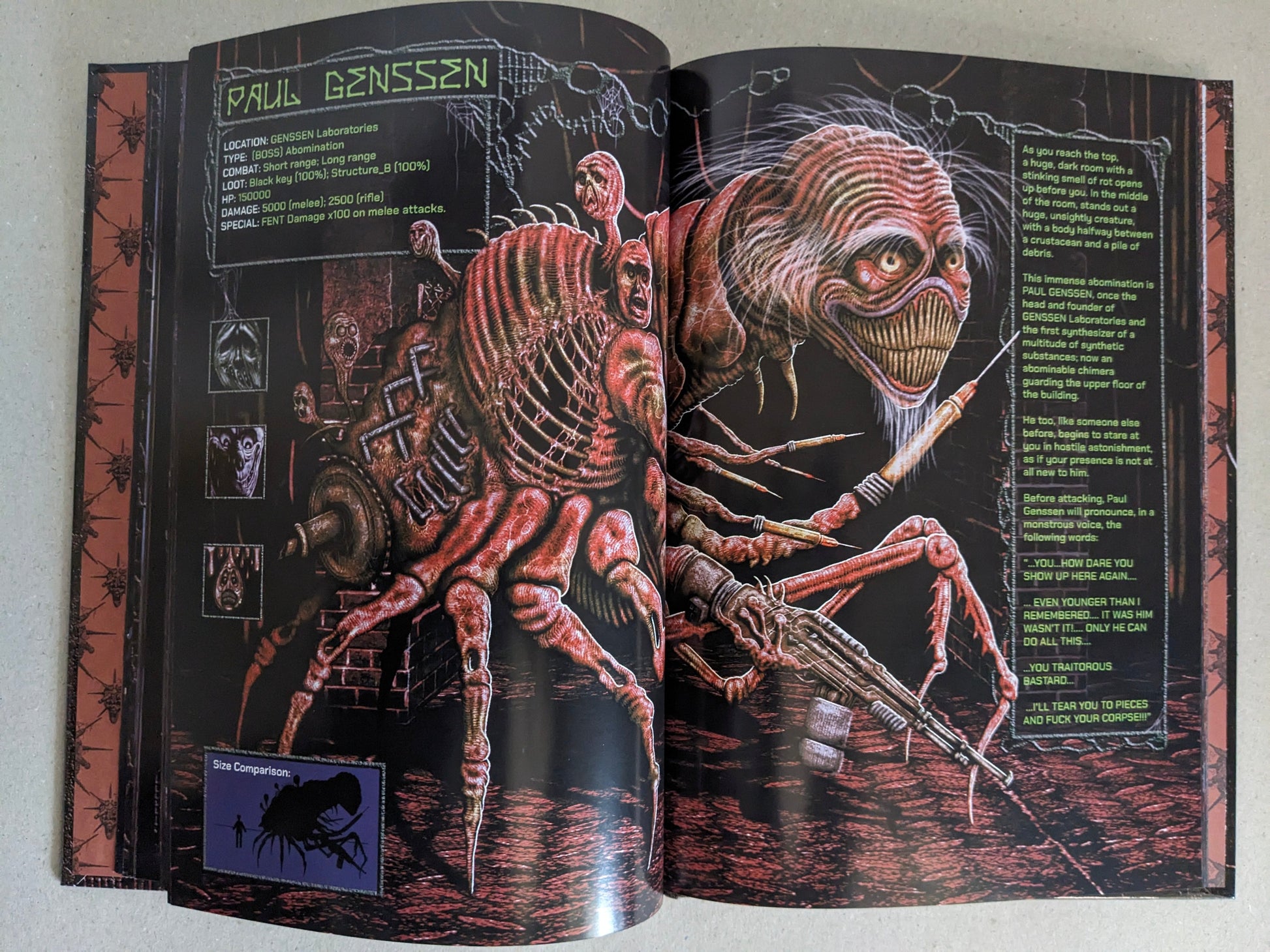 Final Fentanyl by Fatgomez, interior spread with Pall Genssen creature illustration and text panel
