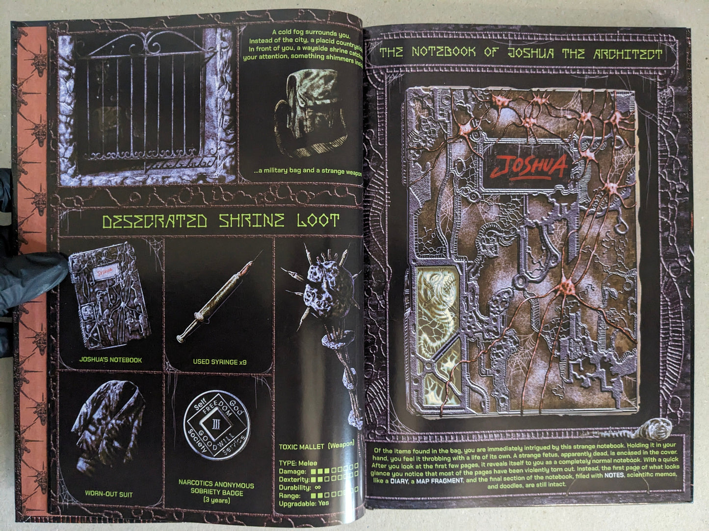 Final Fentanyl by Fatgomez, interior spread showing Joshua’s notebook and desiccated shrine loot grid