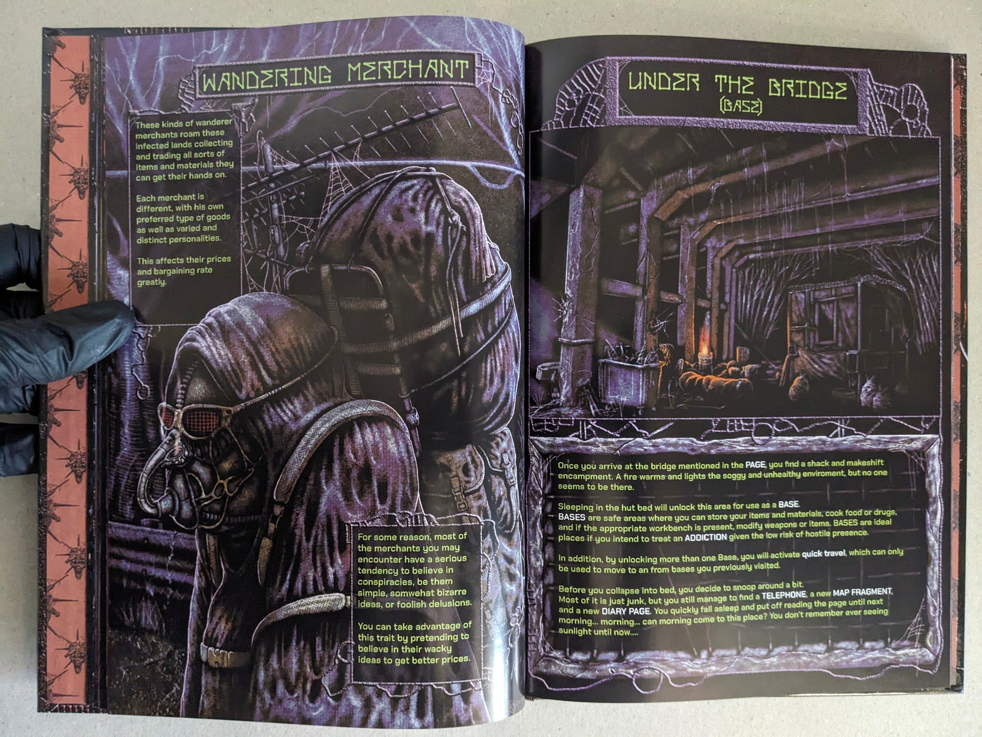 Final Fentanyl by Fatgomez, interior spread with “Under the Bridge (Base)” scene and wandering merchant