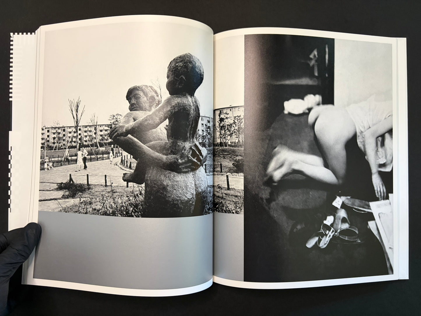 Open spread with a nude figure on the left and a bright abstract form on the right