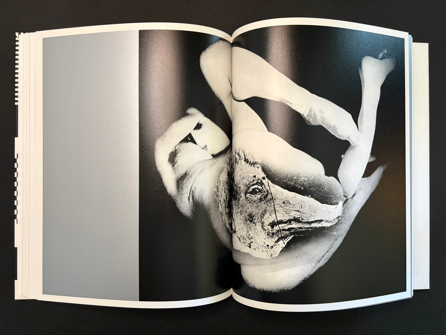 Open spread with a small crouching figure on the left and a lone object on a textured dark field on the right