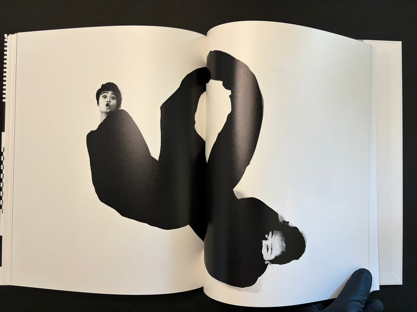 Open spread with a black silhouette and a small face on the left page, and a second face on the right