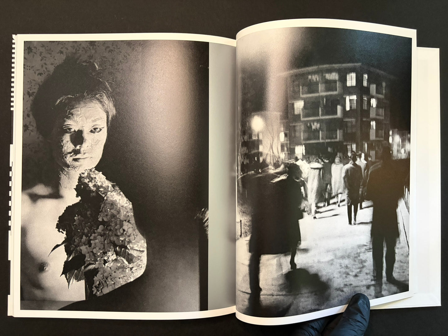 Open spread with a portrait on the left and a nighttime crowd scene on the right