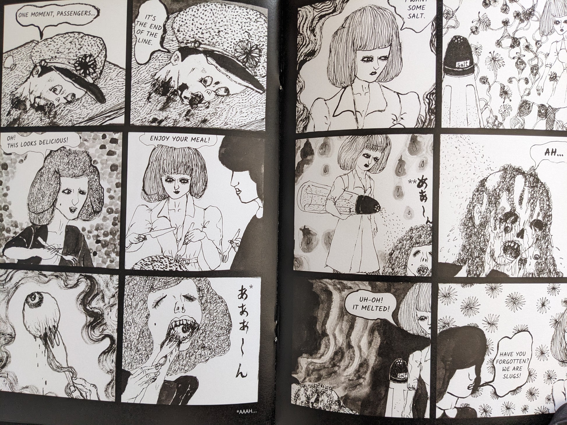 Interior page from 'Hospital Train' by Daisuke Ichiba showing grotesque transformation and absurd dialogue.